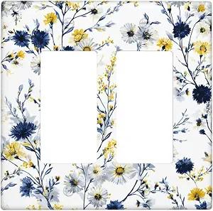 YGMMWP Decorative Light Switch Cover Plate Rustic Blue Flower Yellow Floral 2 Gang Outlet Covers Double Toggle Wall Plates for Electrical Outlets Switch Plate Covers Faceplate for Country Home Decor