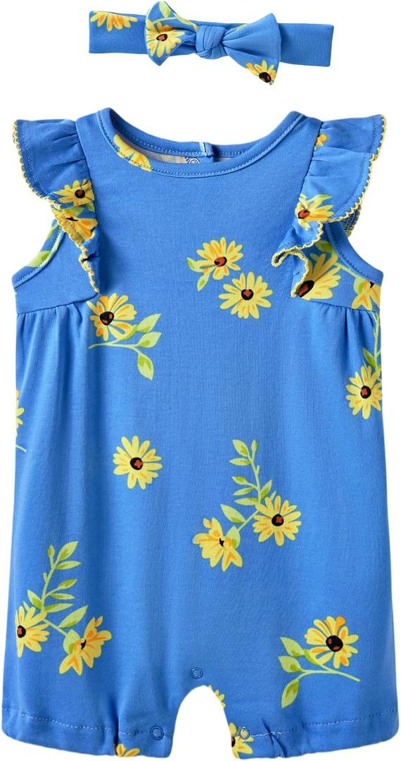 Baby Girl Romper 100% Cotton Breathable Soft with Headband, Sleeveless Summer Outfits for Newborn Infant 0-24 Months (Blue)