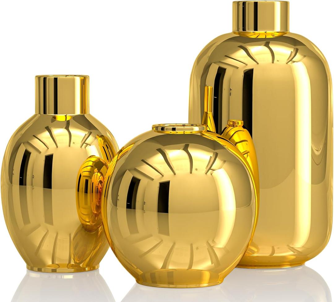 Glossy Gold Ceramic Flower Vase Set of 3, Gold Modern Round Decorative Vases for Pampas Grass Home Decor, Bedroom, Office, Living Room, Bookshelf, Wedding, Bathroom Table Centerpiece