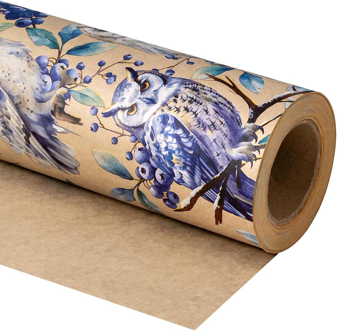 WRAPAHOLIC Kraft Christmas Wrapping Paper - Mini Roll - 17 Inch x 33 Feet - Owl Wrapping Paper Wild Animal Winterfall Watercolor Design for Christmas, Holiday, Party Celebration