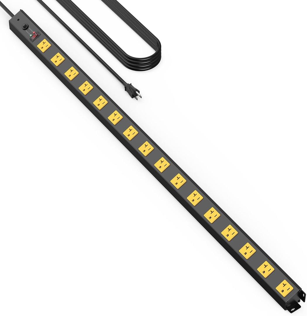 16 Outlet Long Power Strip, 12 Gauge Extension Cord. Yellow, 10FT.