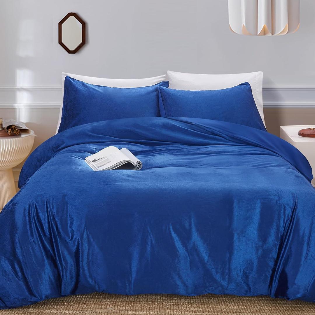 JSD Navy Blue Velvet Microfiber Duvet Cover Set Queen Size, 3 Piece Reversible Duvet Comforter Cover Zipper Closure