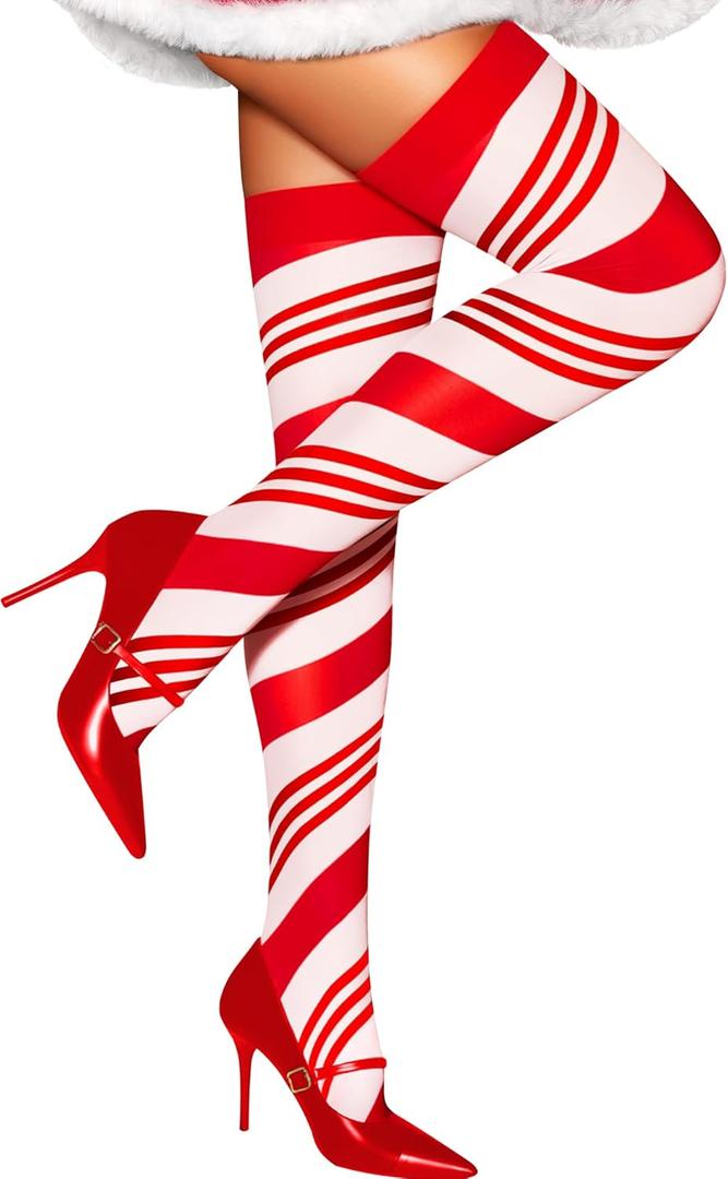 RSLOVE Christmas Thigh High Stockings - Women Sexy Tights Stripe Hosiery Pantyhose Holiday outfit (One Size, Red)