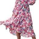 PRETTYGARDEN Women's Floral Print Boho Dress Long Sleeve Wrap V Neck Ruffle Belted A-Line Flowy Maxi Dresses (Large, Floral Pink)