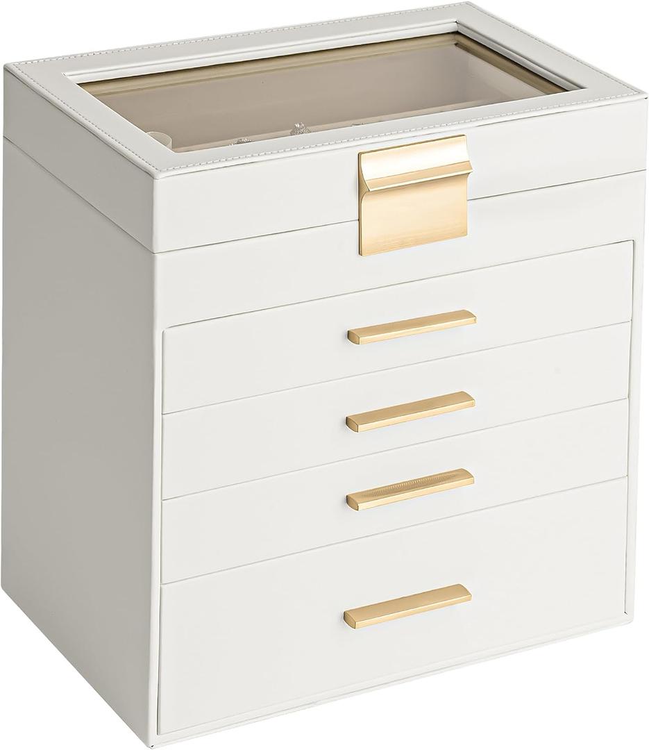 Somduy Jewelry Box, 5 Layers Jewelry Storage Display Box with Glass Lid for Women, 4 Drawers,Large Capacity for Necklace Earrings Bracelets Rings,White
