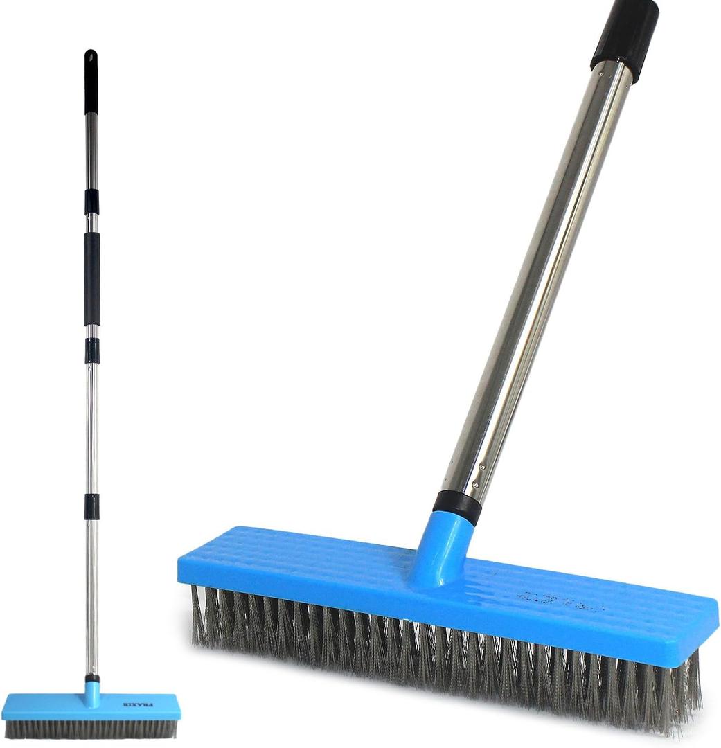 Stainless Steel Wire Broom Deck Scrubber Brush with 55 Adjustable Length Sturdy Long Handle, Stainless Steel Outdoor Broom for Cleaning Moss Concrete Floors Grout Gardens Patios