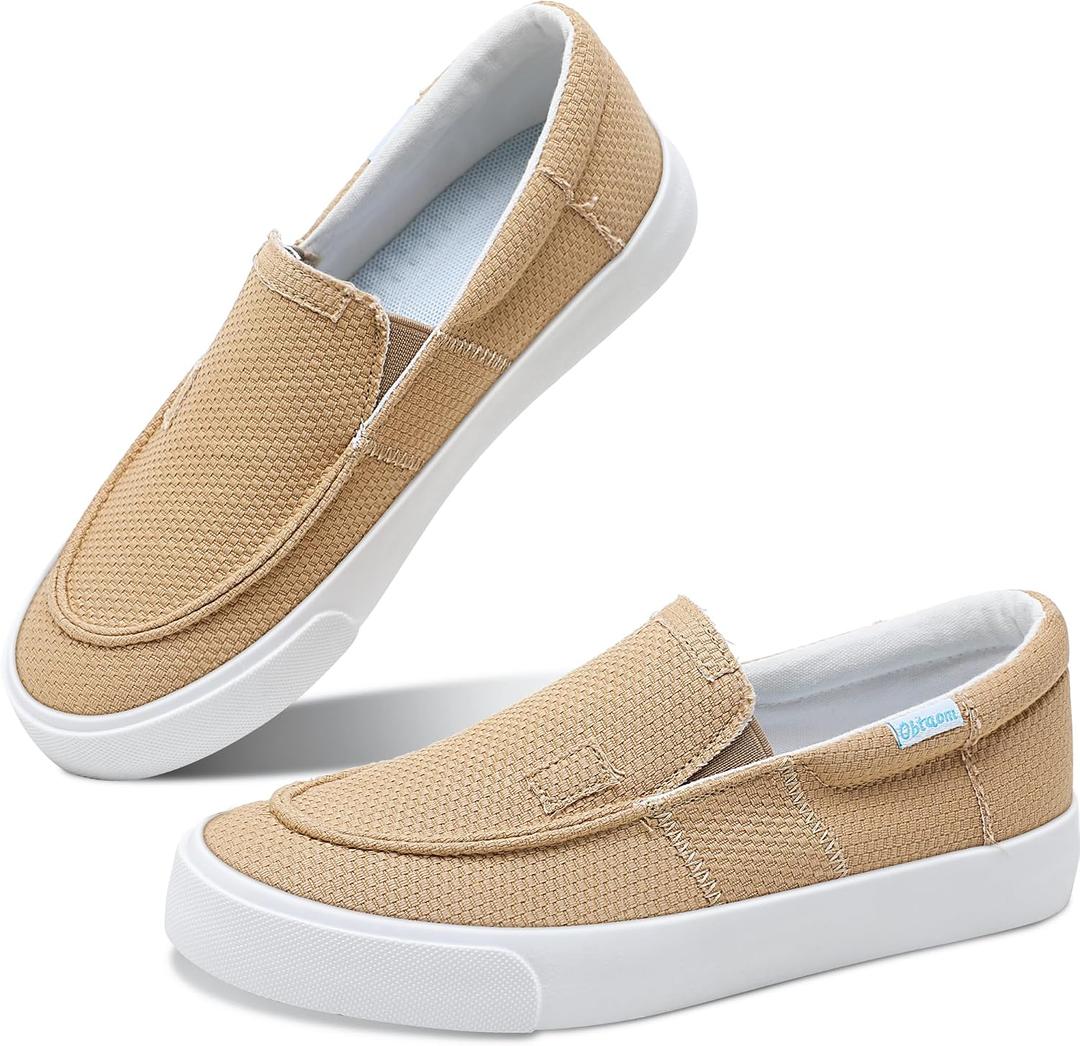 Obtaom Slip On Shoes Canvas Slip On Sneakers Comfy Arch Support Loafers Casual Canvas Fashion Sneaker(Tan,10 Women/8 Men)