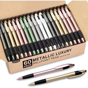 Sikao Luxe Pens Bulk, 60 Pack Metallic Gripped Slimster Ballpoint Pens, Black Ink 1.0mm Medium Point, Aesthetic Metallic Finish Office Pens for Teachers, Students, Front Desk & Corporate Gifting