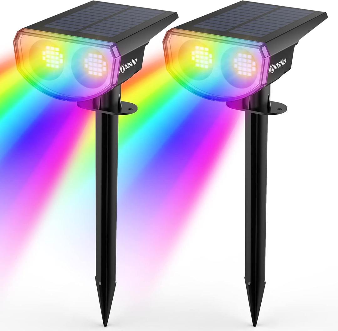 Kyosho Solar Color Spot Lights Outdoor, 9 Lighting Modes Halloween Christmas Lights, 38 LEDs Color Changing Waterproof RGBW Multicolor Tree Pool Solar Spotlight, 2 Pack