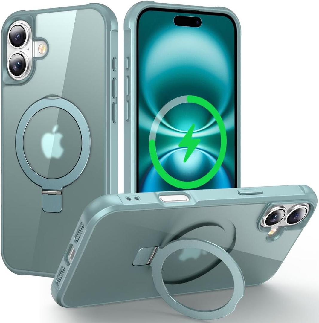Magnetic Compatible with iPhone 16 Plus Case with Stand [Military Grade Drop Tested][Compatible with Magnet] Ring Translucent Slim Hard Back Soft Edge, Teal Green