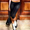 Women's Fold Over Capri Pants Elastic Low Waist Knee Length Stretch Tight Sold Color Yoga Pants (Black, M)