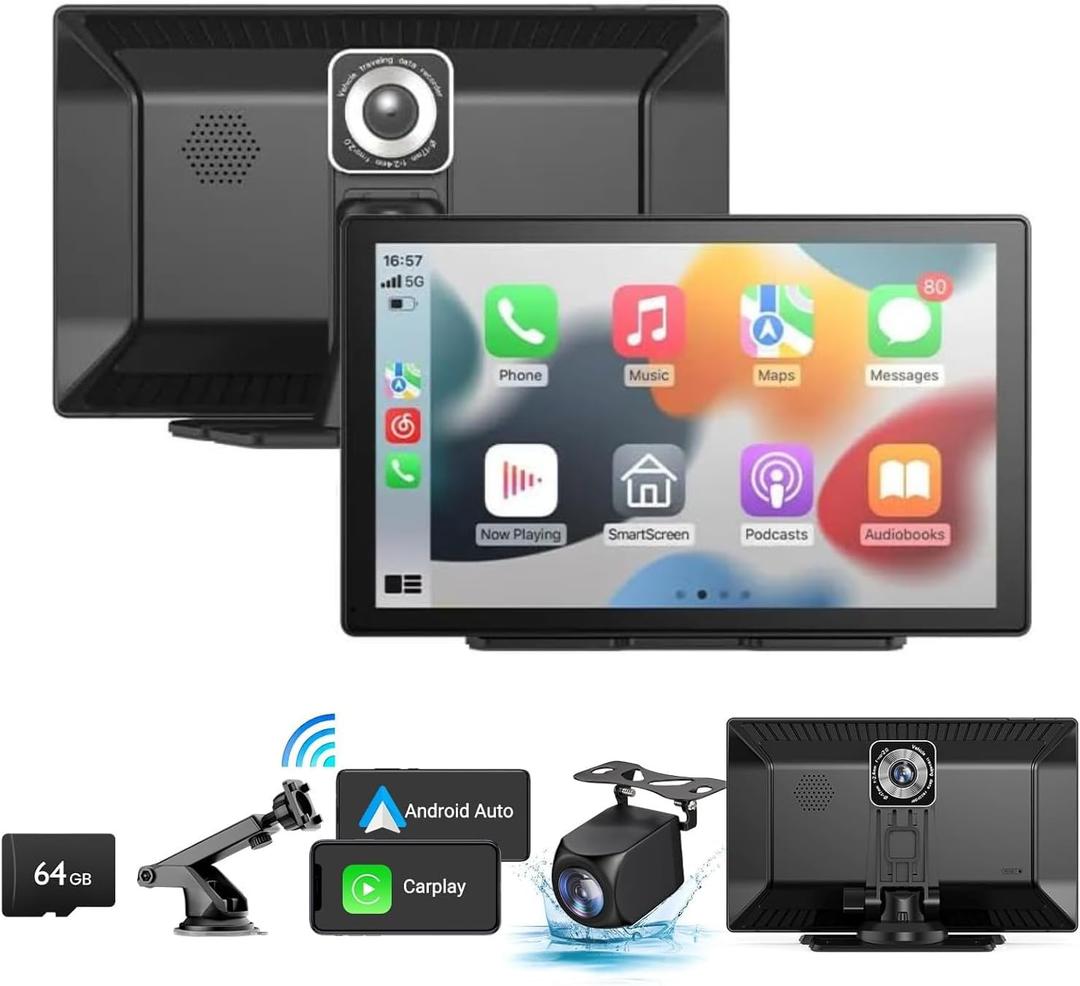 Portable Newest Wireless Apple CarPlay and Android Auto Screen for Car, 9" HD Touch Screen Car Stereo with Mirror Link, Bluetooth 5.2, Backup Camera, AUX,FM Transmitter for All Vehicle