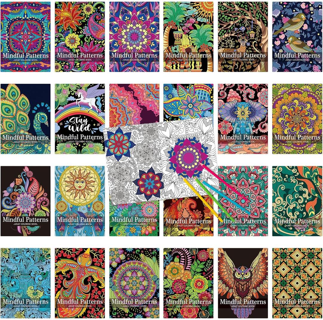 Liliful 24 Pcs Mindful Coloring Book Bulk for Adult DIY Art Stress Relief Drawing Book with Relaxing Mindfulness Patterns for Adults, Party Favors, Goodie Bag Filler and Holiday Gifts