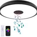 Black Smart Waterproof LED Flush Mount Ceiling Light Fixture,18W,with Bluetooth Speaker,RGB Color Changing Function-Dimmable Lamp,Tuya Application Control-Compatible with Alexa Google Home (11 inches)