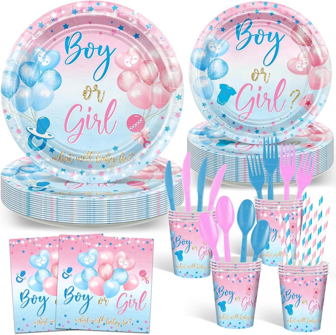 Avezano 192 Pcs Gender Reveal Party Decorations Boy or Girl Plates Napkins Cups Blue and Pink Gender Reveal Party Tableware Set Serve 24