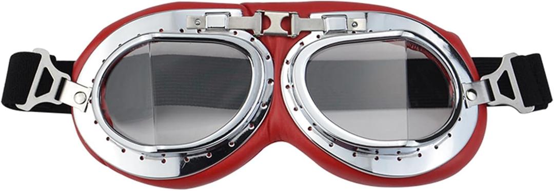 Peicees Retro Motorcycle Goggles for Men Women Motocross Bike Riding Aviator Pilot Goggles Anti Fog, Fit Over Glasses Helmet (Red)