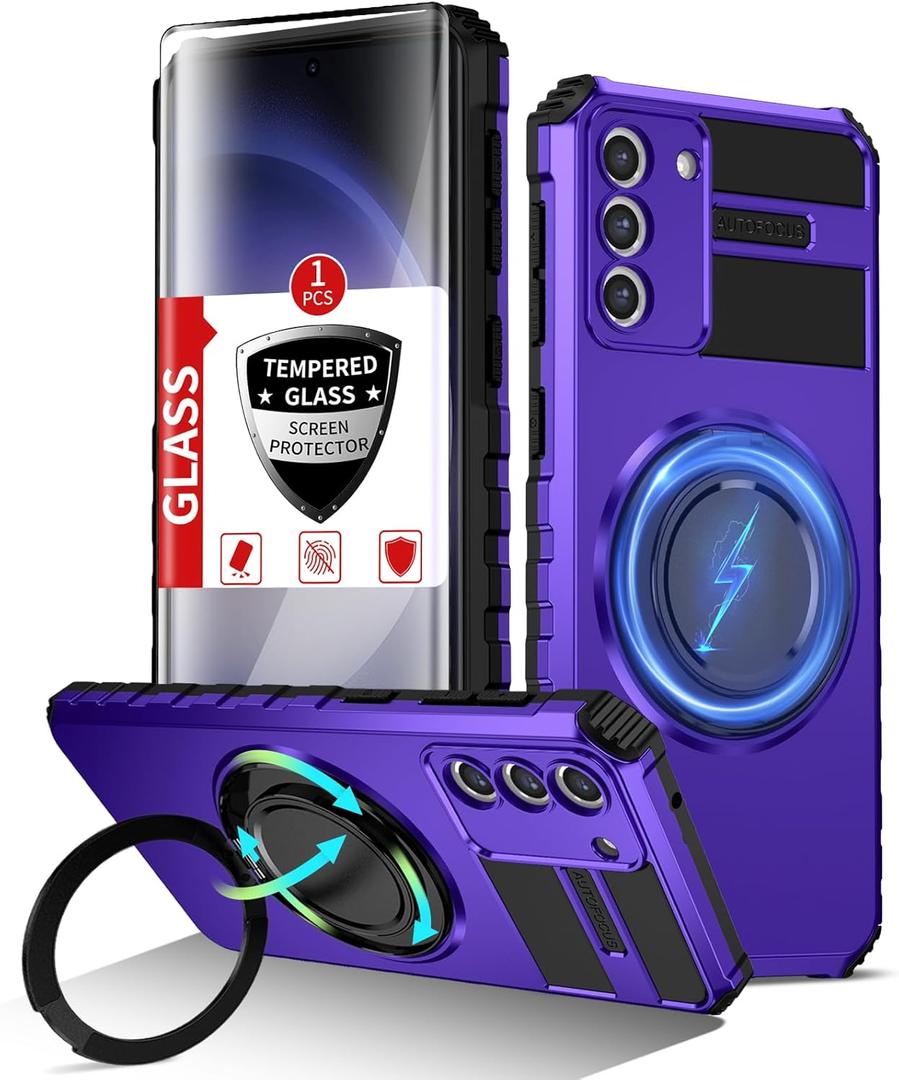 for Samsung Galaxy S23 Plus Case Compatible Wireless Charging Magnetic,with Screen Protector,for S23+Plus Phone Case with 360Stand Ring Military Grade Shockproof Heavy Duty Protection Purple