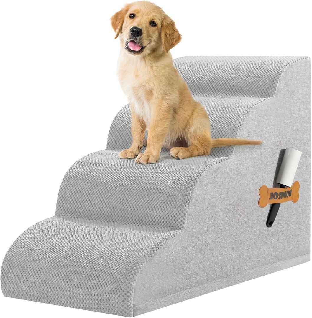 Romrol Dog Stairs Ramp for Beds Couches, Extra Wide Pet Steps with Durable Non-Slip Waterproof Fabric Cover, Dog Slope Stairs for Small Dogs and Cats or Pets Friendly, 4-TiersLight Grey