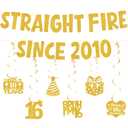 Happy 16th Birthday Decorations for Boys - Funny Straight Fire Since 2010 Banner With Hanging Swirls, Gold Glitter Cheers to 16 Years Birthday Party Supplies for Boy and Girl