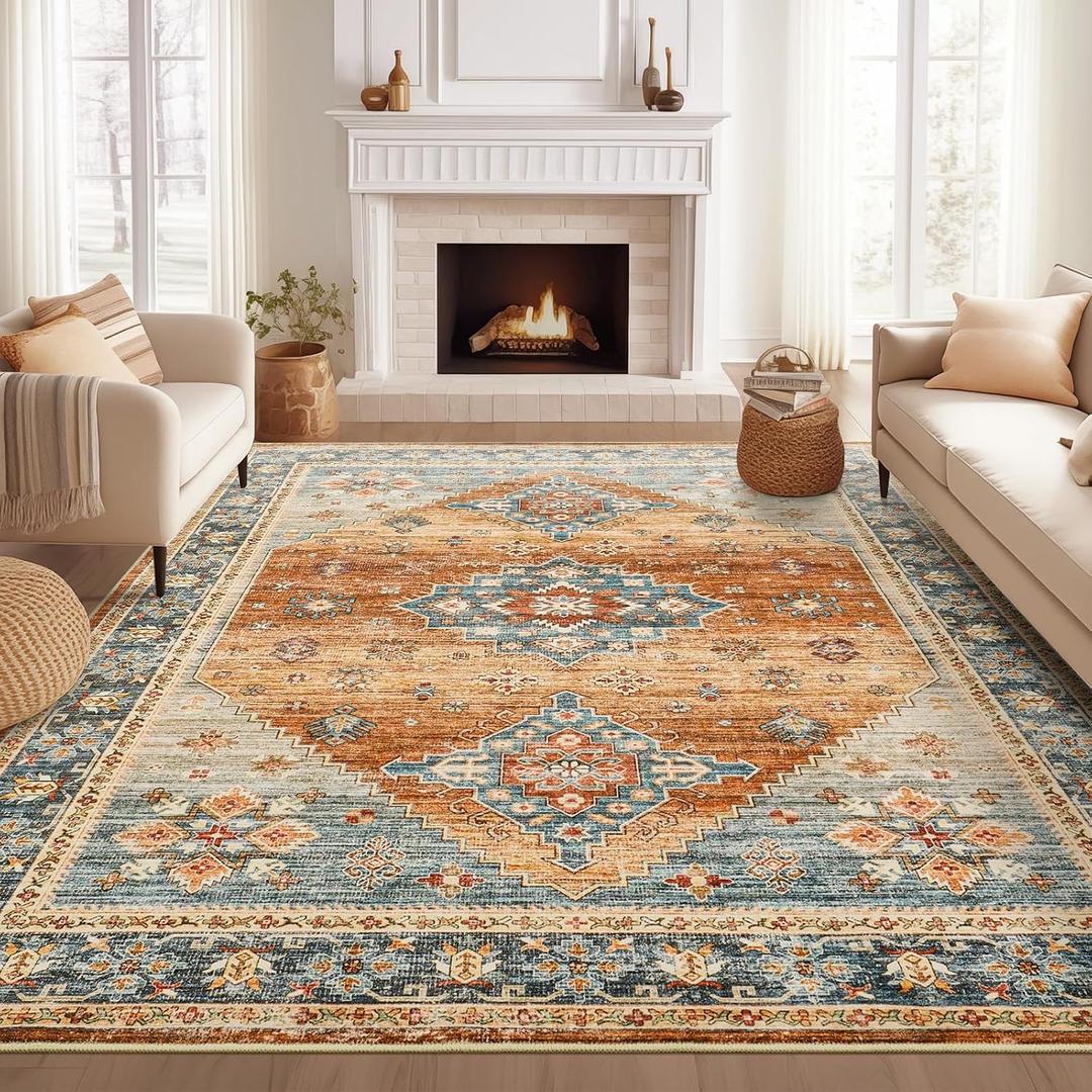 Roxstand Washable Rugs 8x10, Ultra-Thin Non-Slip 8x10 Area Rugs for Living Room, Soft Vintage Large Area Rug, Foldable Farmhouse Bedroom, Dining Room Rug (Navy/Orange, 8'x10')