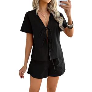 Women's Summer Short Sets Front Tie V Neck Shirt Tops Matching Casual Shorts 2 Piece Outfits Vacation Loungewear (Black, M)