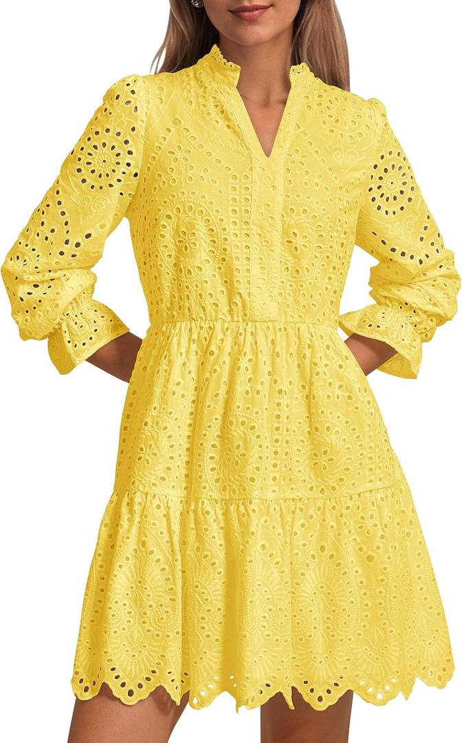 PRETTYGARDEN Women's Spring 2025 Long Puff Sleeve Mini Dress Hollow Out Lace V Neck A Line Ruffle Casual Party Dresses (Yellow, S)