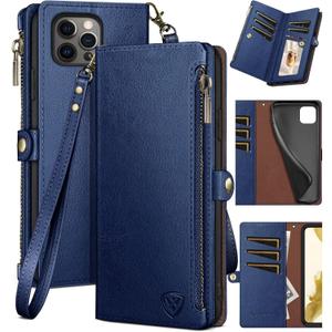 XcaseBar for iPhone 15 Pro Max 6.7" Wallet case with Zipper Credit Card Holder RFID Blocking,Flip Folio Book PU Leather Shockproof Protective Cover Women Men for Apple 15 ProMax Phone case Blue (Solid)