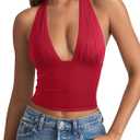 REORIA Women's Plunge Neck Backless Shirts Double Lined Going Out Halter Tank Tops Cute Summer Sleeveless Crop Tops