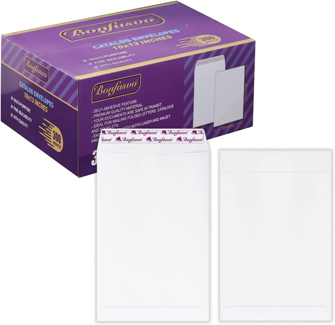 Bonfasvo 300 Pack 10x13 White Catalog Envelopes Peel & Seal Security Mailing Envelopes 120GSM Kraft Paper self Seal Envelopes for Invitations Papers Photos Documents Pictures Papers Files