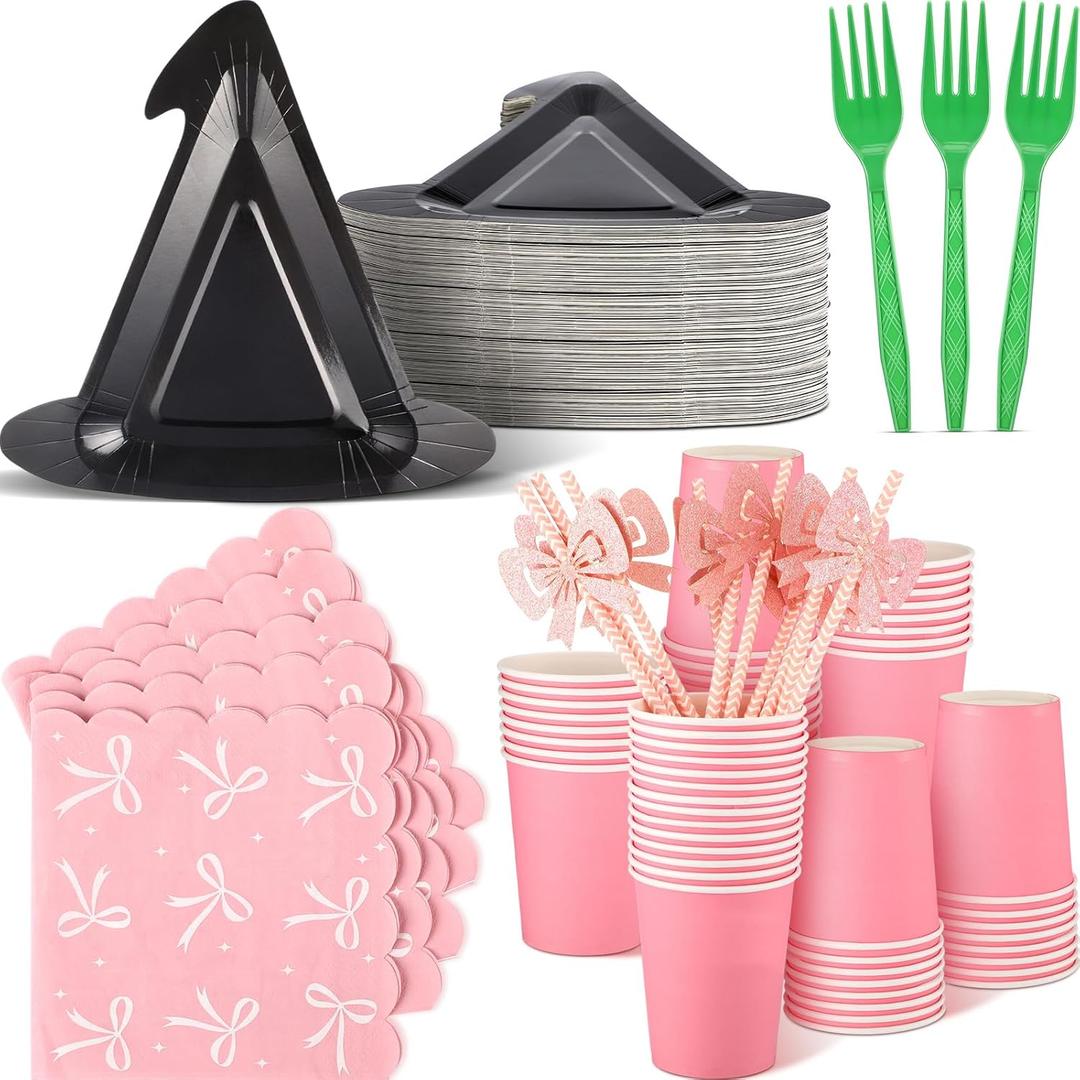 Yungyan 250 Pcs Christmas Pink and Green Tableware for 50 Guests Witch and Princess Party Supplies Set Includes Witch Hat Plates, Bow Napkins, Forks, Cups, Straws Disposable Party Decor for Birthday