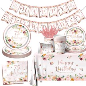 75 Fabulous Party Supplies - Rose Gold Party Decorations 75th Birthday Tableware Set Plates,Napkins,Tablecloth Rose Gold Floral Table Decoration for Men Women Birthday,75 Fabulous Decorations