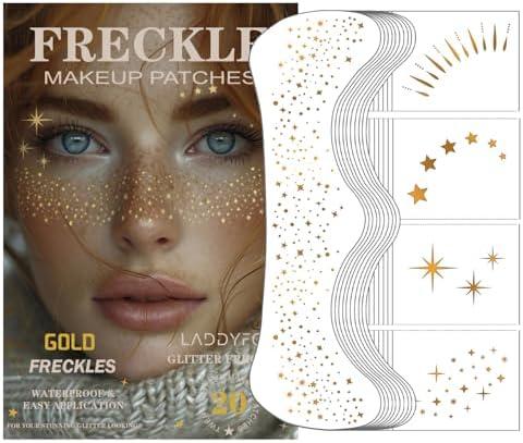 3 Pcs Gold Face Makeup Patches, Glitter Freckles Face Tattoo, Glitter Freckles, Sparkle Makeup Patches, Waterproof Face Glitter Freckles Patches for Women (Gold)