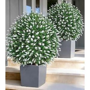 HyeFlora 26'' Artificial Boxwood Topiary Trees with Lavender 2 Pack Fake Plants for Outdoor Indoor Artificial Shrubs with Metal Ground Spike UV Resistant Fake Bushes for Front Porch Garden, White