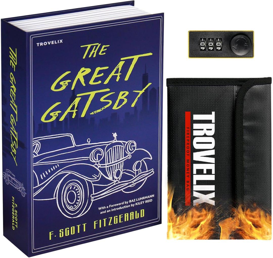 Book Safe with Combination Lock, Hidden Safe (9.5 x 6.2 x 2.2 Inch) with Fireproof Bag, Secret Diversion Safe, Hollow Book Box Hidden Storage, Money Safe Box for Cash (GREAT GATSBY) (Large)