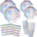 Gatherfun Iridescent Party Supplies - Disposable Paper Plates, Cups and Napkins, Ideal for Birthday, Mermaid Themed Events & Birthday or Wedding Party Decoration - Serves 16