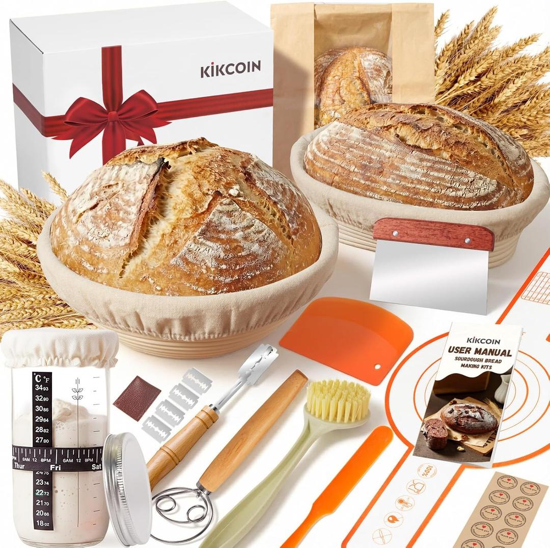 Kikcoin Sourdough Starter Kit, Complete Sourdough Bread Baking Supplies Includes 24oz Sourdough Starter Jar, Rattan Banneton Proofing Basket Set of 2, Artisan Bread Making Kit for Beginners & Pros