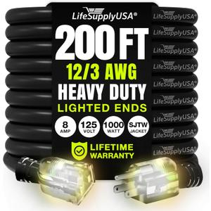 200ft Outdoor/Indoor Extension Cord 12/3 Gauge Extra Heavy Duty 3 Prong SJTW, Waterproof, Flexible Cold-Resistant Long Power Cord,125 Amp 1000W, Black by LifeSupplyUSA (200 FT)