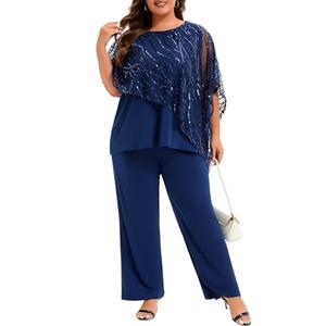 Plus Size Mother of the Bride Pant Suits 2 Piece Set Elegant Embroidered Sequins High Low Hem Wedding Guest Outfit for Women (Blue, 16)