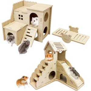 BNOSDM Wood Hamster House Dwarf Hamster Natrual Hideout with Ladder Gerbils Climbing Exploring Seesaw Toys Cage Accessories for Syrian Hamsters Mouse Mice