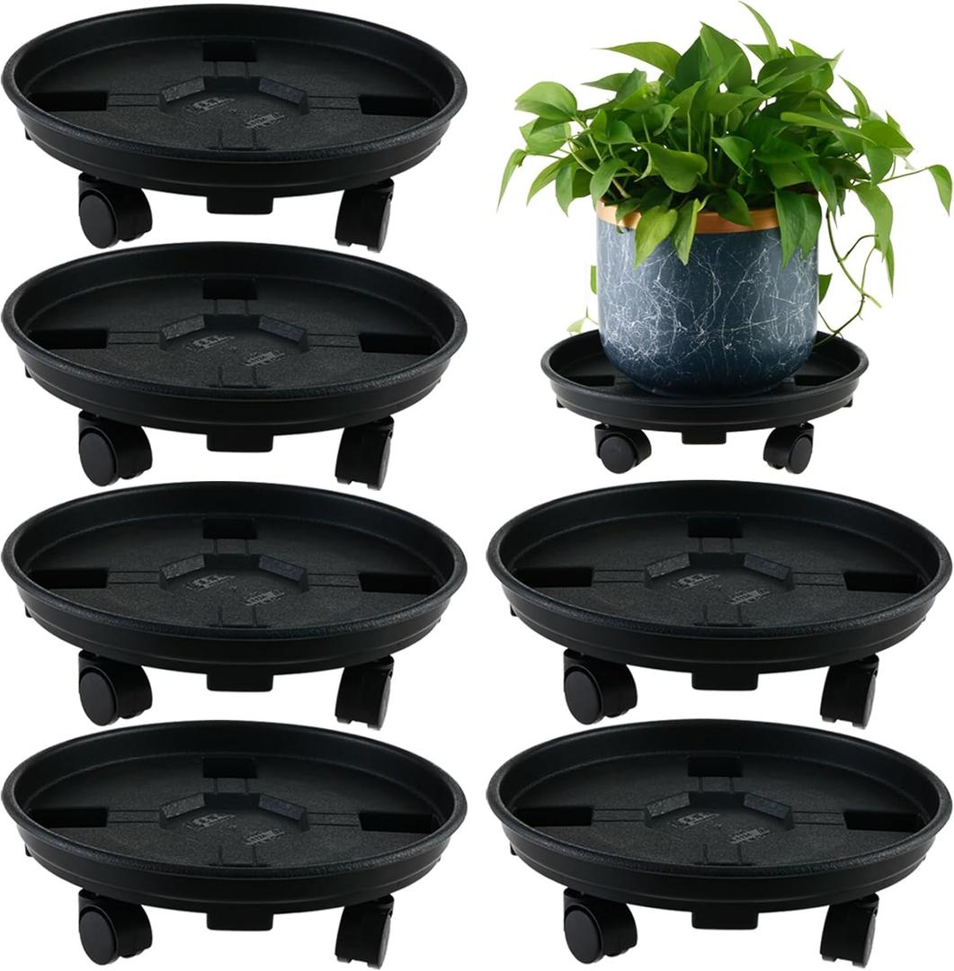 6 Packs 13 Inches Large Plant Caddy with Wheels Plant Saucers on Wheels Rolling Plant Stands Heavy-duty Plant Dolly Plastic Planter Roller Base Pot Movers Outdoor Plant Tray Coaster, Black