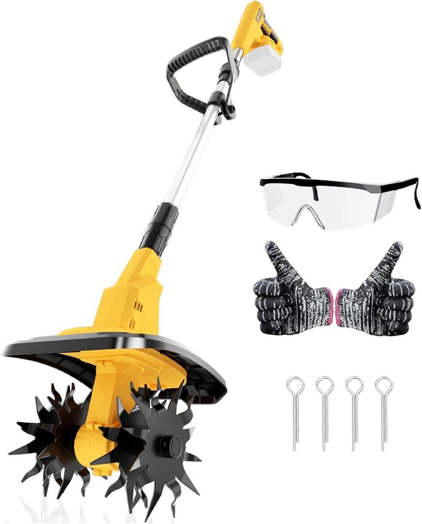 Cordless Tiller Cultivator for Dewalt 20V Battery(Only Tool), 360RPM Floding Electirc Garden Tiller, Battery Powered Tiller with 9In Tilling Width & 6.3In Depth for Lawn Soil Cultivation, Gardening