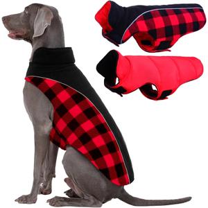 Kuoser Dog Winter Coat, Reversible Waterproof Dog Jacket with Leash Hole, Warm Dogs Fleece Vest Adjustable Doggy Cold Weather Clothes Plaid Christmas Outfit Pet Apparel for Extra Large Dogs, Red 3XL (XXX-Large (Chest Girth: 35.4-43.3'' ))