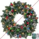 Remote Control 24 Inch Christmas Wreaths for Front Door Christmas Wreath with 50 Warm White & Colorful Lights 8 Mode Timer Snowy Bristle Pine Tips Pinecones Red Berried Xmas Wreath for Home Wall Porch