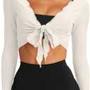 LASLULU Womens Tie Front Wrap Tops Long Sleeve Bolero Shrugs Crop Cardigan Yoga Ballet Cover-up Tops Pilates Outfits (Large, Beige)