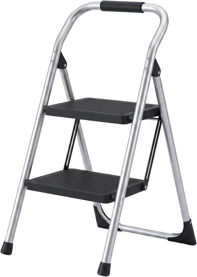 2 Step Ladder for Kitchen Step Stool, Lightweight Folding Step Stool with Curved Safety Handrail, Auto-Lock Mechanism & Non-Slip Wide Pedals, Slim&Foldable for Home Indoor（Sliver）