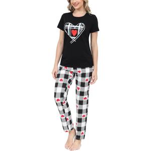 EISHOPEER Women's Cotton Pajama Set Cute Printed Short Sleeve Top & Long Pants Sleepwear Pjs Sets (XX-Large, Black & Plaid)