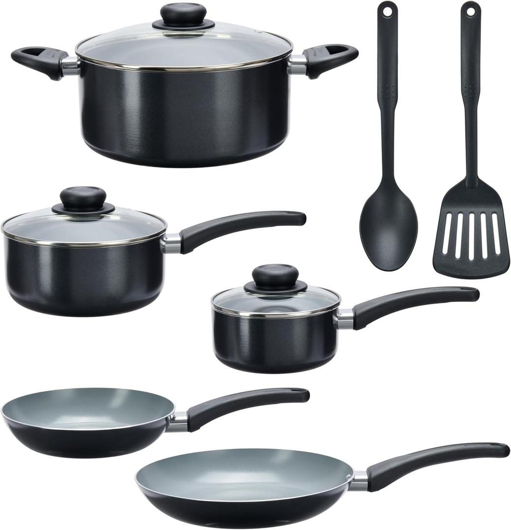 GoodCook Everyday Ceramic Nonstick Cookware Set Includes 8 & 10-Inch Fry Pans 1 & 2-Quart Covered Sauce Pans 4.7-Quart Covered Dutch Oven Turner and Basting Spoon, 10-Piece, Black