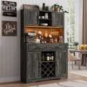 72" Coffee Bar Cabinet with Power Outlet & LED Light, Farmhouse Large Kitchen Hutch with Sliding Barn Door, Tall Bar Cabinets with Storage Drawers & Wine Glass Rack,Pantry China Cabinet,Black Oak (47.3" W x 72.4" H x 15.8" D)