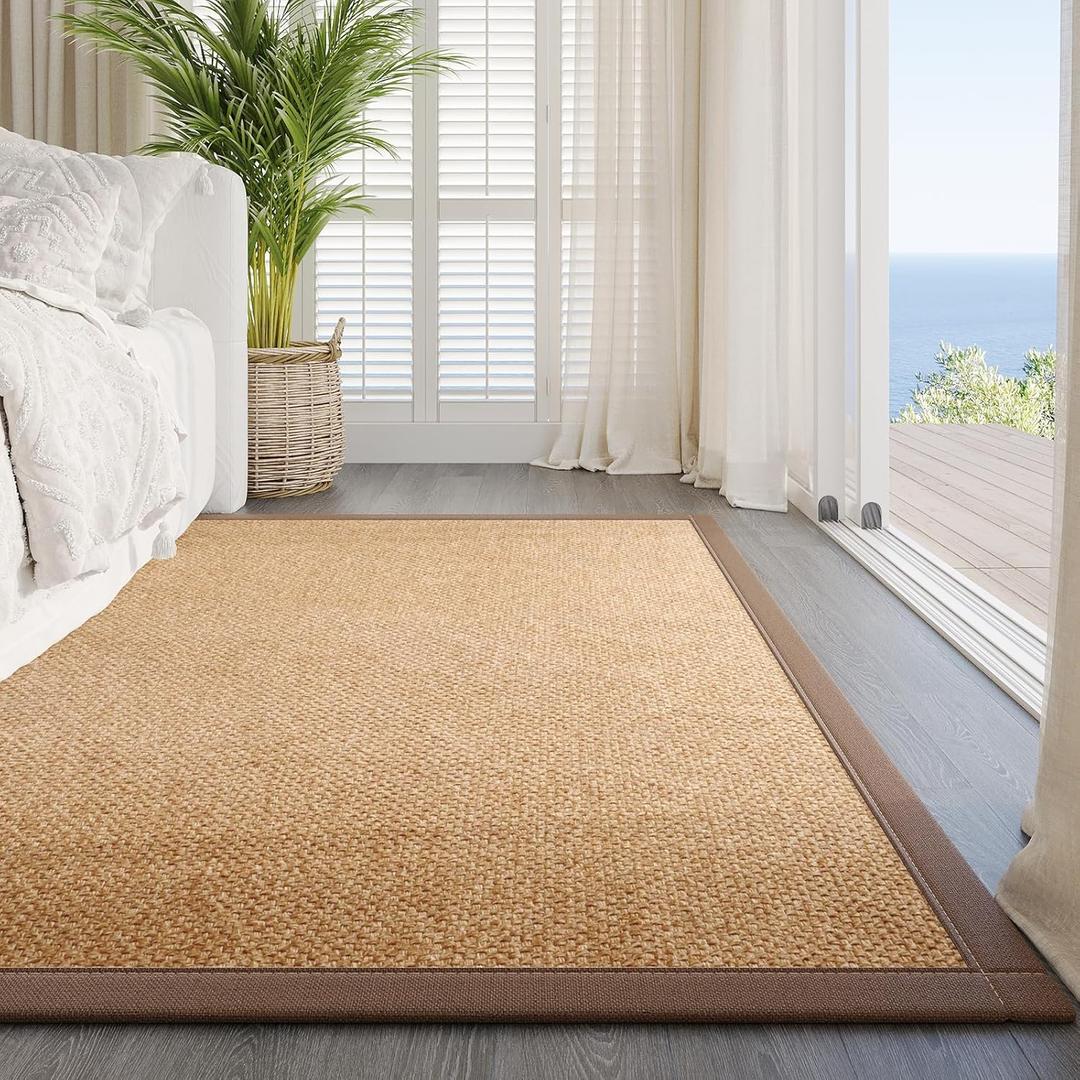 Washable Area Rug 5x7 Large Jute Like Rug for Living Room, Soft Non Slip Rugs Carpet for Dining Room Bedroom Cotton Boho Woven Braided Rugs Home Office Decor, Brown