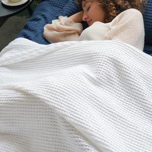PHF Pre-Washed Cotton Waffle Weave Blanket Queen Size for Bed,Snag Proof Throw Blanket for Couch Spring Summer Lightweight Breathable,Oeko-TEX Certified,Machine Washable, Home Decor Gift-White